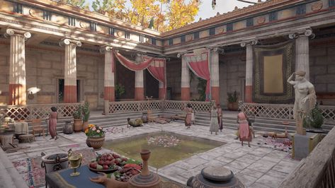 Ancient Rome House Interior, Ancient Rome House, Ancient Greek House, Greek Courtyard, Ancient Roman Houses, Classical Interior Design, Roman House, Bangunan Minecraft, Greek Architecture