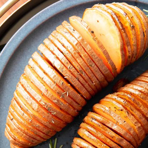 Hasselback Sweet Potatoes - Beaming Baker Beaming Baker, Hasselback Sweet Potatoes, Hasselback Potatoes, Pastry Brushes, Pure Maple Syrup, Sweet Potatoes, Thanksgiving Recipes, Serving Dishes, Melted Butter