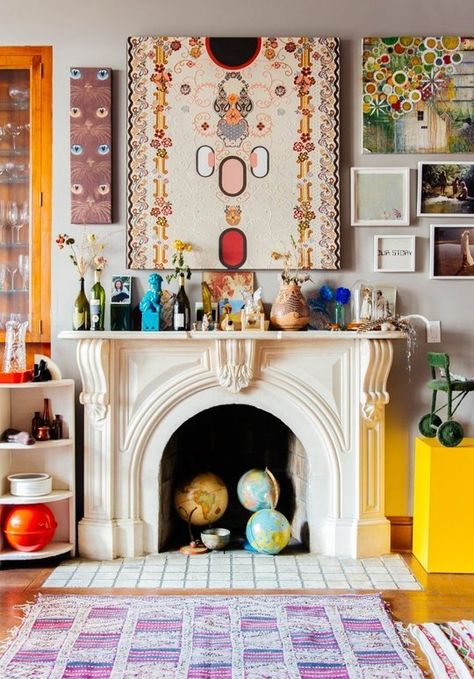 12 Ideas for Your Nonworking Fireplace | Apartment Therapy Fireplace Apartment, Maximalist Interior Design, Bohemian Chic Home, Diy Home Decor For Apartments, Minimalist Dekor, Maximalist Interior, Boho Room Decor, Maximalist Decor, Bohemian Interior