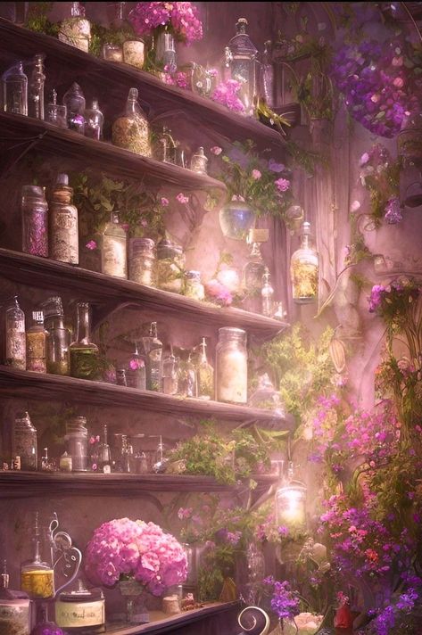 Herbs And Potions Aesthetic, Potion Greenhouse, Apothecary Aesthetic Wallpaper, The Lost Apothecary Fanart, Fantasy Flowers Aesthetic, Flower Fantasy Aesthetic, Light Apothecary Aesthetic, Apothecary Shop Fantasy Art, Potion Aesthetic Bottle