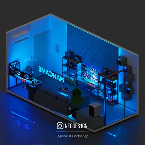 Sims 4 Male Room Decor, Gaming Room Setup Cyberpunk, Sims 4 Cyberpunk Decor, Sci Fi Isometric Room, Bilik Lelaki, Isometric Cyberpunk Room, Studio Room Design, Gaming Desk Setup, Office Floor Plan