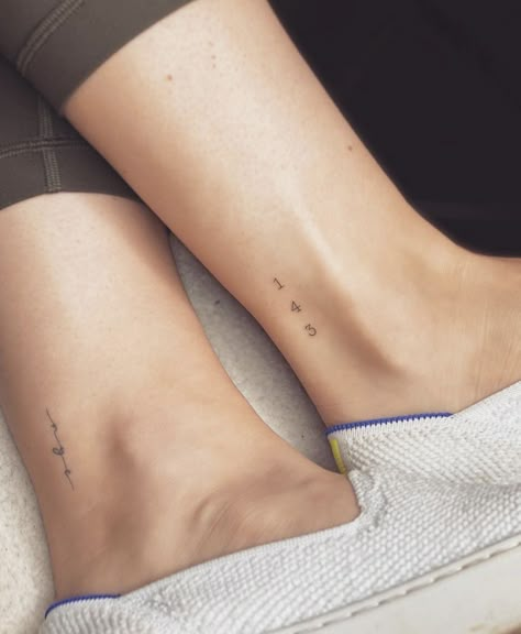 3 Digit Number Tattoo, Tiny Tattoos Numbers, 222 Ankle Tattoo, Number Placement Tattoos, Ankle Tattoo Fine Line, Small Letter Tattoo Placement, Delicate Fine Line Tattoo, Fine Line Ankle Tattoos For Women, Number Wrist Tattoo