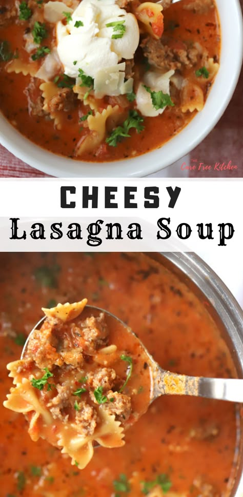 This soup is amazing, so delicious! This Lasagna Soup Recipe is an easy 30-minute meal your family will love. This one pot lasagna soup recipe is so delicious and will be ready in no time. #lasagna #soup #pasta #lasagnasoup #dinnerideas #whatsfordinner #thecarefreekitchen Bow Tie Soup Recipes, Lasagna Soup With Bow Tie Pasta, Bow Tie Pasta Soup, Soup With Bow Tie Pasta, Soup With Pasta Recipes, Easy Bow Tie Pasta Recipes, Bow Tie Soup, One Pot Lasagna Soup, One Pot Lasagna