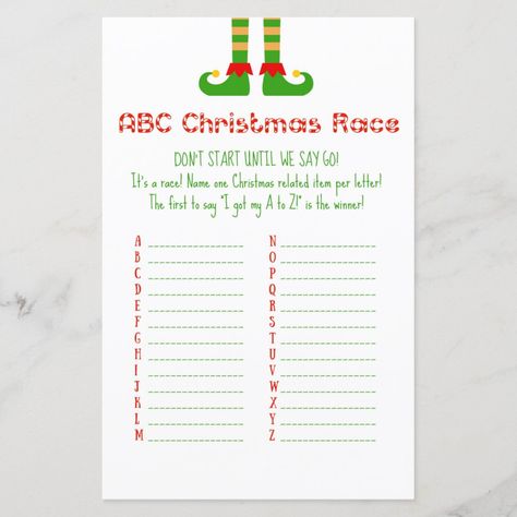 Family Christmas Party Game PRINTED, ABC Christmas Race Elves Themed Christmas Party, Outdoor Christmas Party Games, Christmas Family Reunion Ideas, Christmas Games For Family Zazzle, Christmas Amazing Race Ideas, Family Christmas Game Ideas, Large Group Christmas Party Games, Staff Christmas Party Games, Christmas Work Party Games