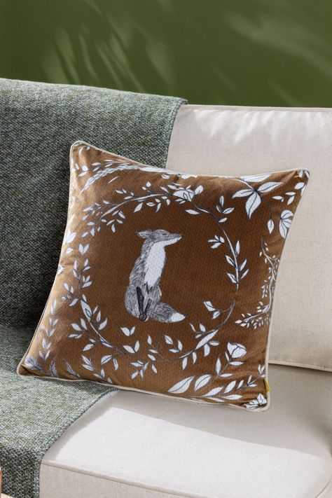 Fox Poses, Velvet Background, Cottagecore Gifts, Brown Cushion, Piped Cushion, Brown Cushions, Cottagecore Decor, Forest Creatures, Outdoor Cushions