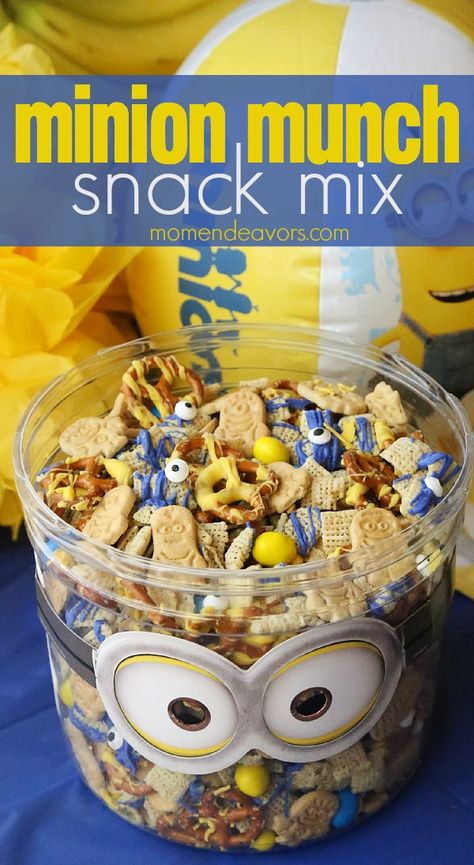 Minion Birthday Food Ideas, Minion Food Ideas, Minions Snacks, Minions Movie Night, Salty Snacks For Party, Monster Popcorn Munch, Minion Snacks Ideas Parties Food, Minions Party Ideas, Minion Snacks