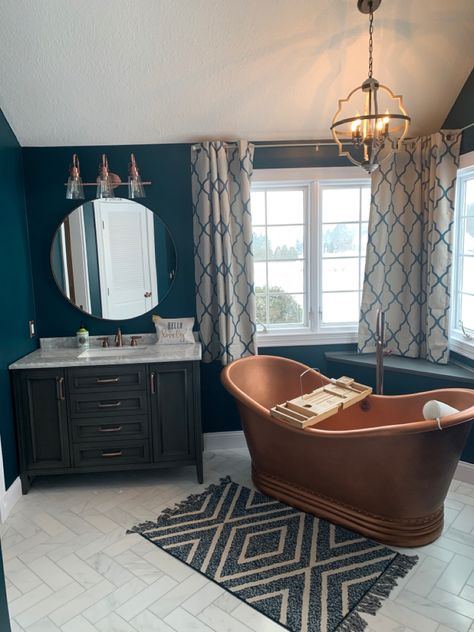 Navy And Copper Bathroom, Copper Clawfoot Tub, Cooper Tub Bathroom, Cooper Tub, Navy Clawfoot Tub, Copper Bathtubs Rustic Bathrooms, Navy Bathroom, Tub Bathroom, Navy And Copper