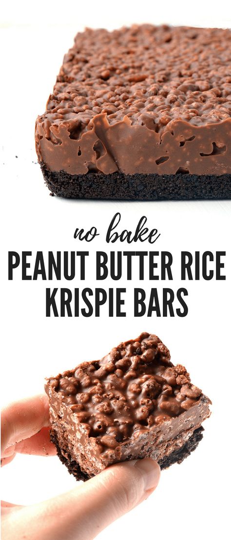 Amazing no bake Peanut Butter Rice Krispie Bars with an Oreo crust. You only need 6 ingredients to make these gorgeous chocolate treats! Recipe from sweetestmenu.com #chocolate #peanutbutter #oreo #dessert #baking #ricekrispies Peanut Butter Rice Krispie Bars, Rice Krispie Bars, Easy Bar Recipes, Resepi Biskut, No Bake Peanut Butter, Oreo Crust, Butter Rice, Keto Brownies, Oreo Dessert