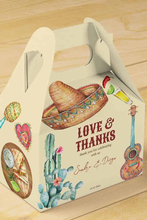 Mexican fiesta themed party personalized favor box Mexican Guitar, Fiesta Themed Party, Mexican Party Favors, Wedding Packaging, Personalized Favor Boxes, Cake Favors, Mexican Themed Weddings, Sombrero Hat, Fiesta Theme Party