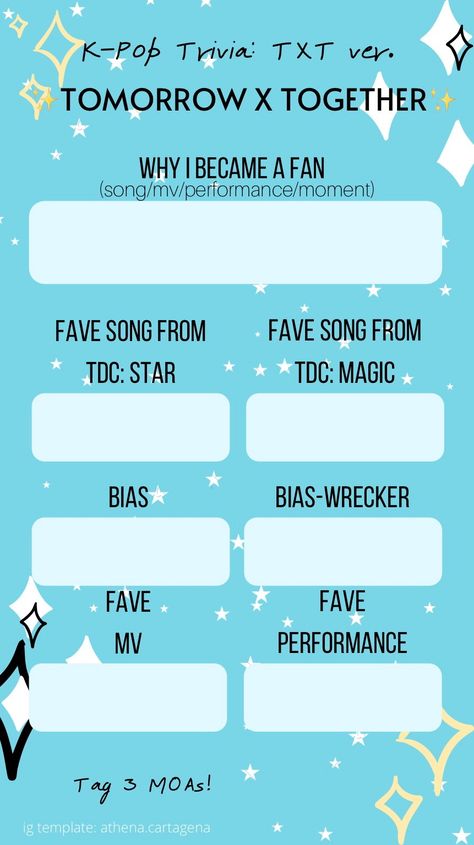 Instagram stories trivia template for tomorrow x together Moa Profile Template, Kpop Questions Template, Txt Bingo, Ig Story Template, Fun Templates, Instagram Story Questions, Bingo Template, Things To Do When Bored, All Korean Drama