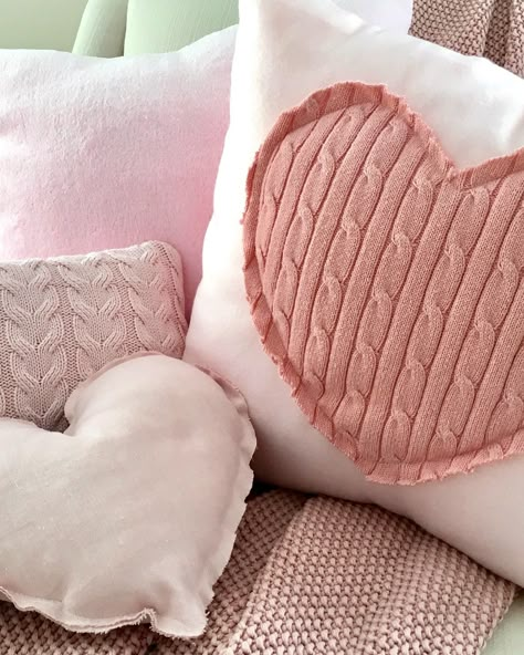 Heart shaped pillows Fleece pillows Repurposed sweaters Pink felt pillows Valentines Pillows Diy, Heart Shaped Pillows, Valentines Day Pillows, Crafts Pillow, Fleece Pillows, Valentine Pillows, Felt Pillows, Valentines Pillow, Repurposed Sweaters