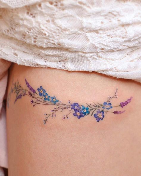 Floral Tattoos Color, Forget Me Not Flower Tattoo, Flower Tattoo Meaning, Purple Flower Tattoos, Botanisches Tattoo, Forget Me Not Tattoo, Delicate Flower Tattoo, Purple Tattoos, Mastectomy Tattoo