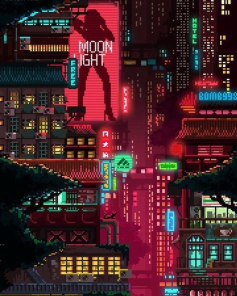 Retrowave & Cyberpunk Pixel City, Ville Cyberpunk, Art Cyberpunk, Pixel Art Background, Arte 8 Bits, 8bit Art, City At Night, Cool Pixel Art, New Retro Wave