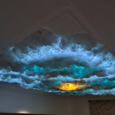 Cotton Decorations Ideas For Ganpati, Cotton Cloud Ceiling, Cloud Decoration For Ganpati, Cloud Roof Ceilings, Light Up Clouds, Storm Ceiling, Cloudy Ceiling, Home Set Up Ideas, Galaxy Ceiling