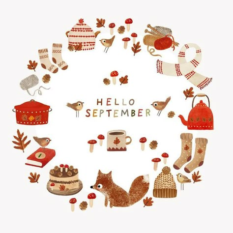 September Vintage Illustrations, Hello September Illustration, Nettle And Twig, September Drawings, September Doodles, September Illustration, Baking Apple Pie, Autumn Illustrations, September Ideas