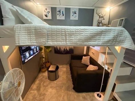 Dream Room Inspiration For Small Room, Loft Bed With Hangout Area, Room Inspiration Bedroom Loft Bed, Liminal Bedroom Aesthetic, Full Loft Bed Ideas, Bunk Bed With Couch Underneath, Loft Bed Bedroom Ideas Aesthetic, Loft Bed Setup, Metal Loft Bed Ideas