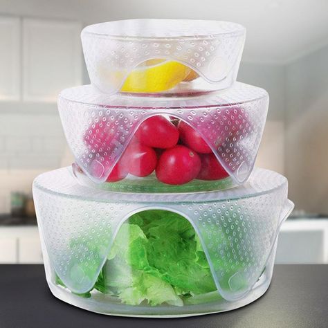 Reusable Silicone Food Wraps | Pack of 4 Silicone Food Covers, Clear Bowls, Food Wraps, Cling Wrap, Silicone Lid, Food Covers, Microwave Recipes, Pyrex Glass, Glass Storage