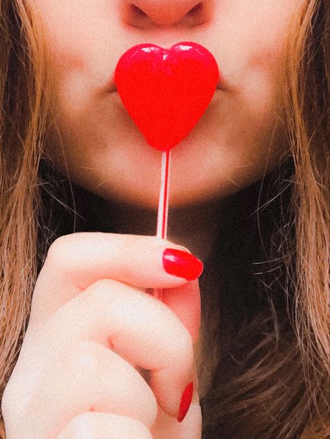 Heart Lollipop Photoshoot, Heart Shaped Lollipop Aesthetic, Red Aesthetic Lipstick, Lollipop Aesthetic, Heart Sucker, Bestie Shoot, Aesthetic Lipstick, Lipstick Nails, Lingerie Photoshoot