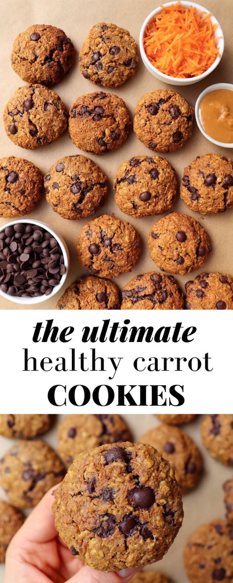 These healthy Carrot Chocolate Chip Cookies are the perfect way to sneak in veggies! They are super delicious, wholesome and made with 6 key ingredients. #oatmealcookies #chocolatechipcookies #carrots Chocolate Chip Cookies With Veggies, Healthy Carrot Cookies Recipe, Carrot Chocolate Chip Cookies, Healthy Carrot Cookies, Hidden Veggie Cookies, Veggie Cookies For Toddlers, Carrot Cookies Recipe, Vegetable Cookies, Sneak In Veggies