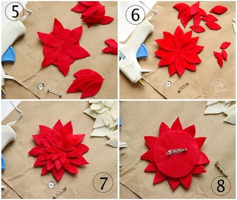 Diy Felt Poinsettia, Felt Poinsettia, Felt Flower Tutorial, Felt Flowers Diy, Felt Headband, Diy Felt, Poinsettia Flower, Gift Toppers, Christmas Flowers