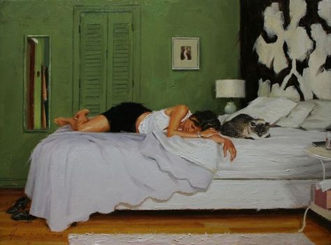 Martha Resting -   Vincent Giarrano     American,b.1960-   Oil, 8 x 10 Laying In Bed Painting, Person Lying In Bed Reference, Woman Sleeping In Bed, Vincent Giarrano, Modern Oil Painting, Arte Sketchbook, Rest And Relaxation, A Level Art, Ap Art