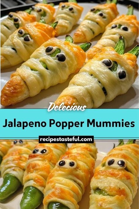 These spooky Jalapeno Popper Mummies are a Halloween favorite, combining spicy jalapenos with a creamy, cheesy filling and wrapped in golden crescent dough. Perfect as an appetizer for your Halloween party! Mummy Wrapped Jalapeno Poppers, Jalopena Poppers Mummy, Halloween Poppers, Halloween Appetizer, Croissant Roll, Mummy Recipes, Jalapeno Popper Recipes, Spicy Dipping Sauce, Poppers Recipe