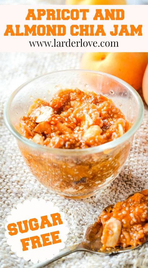 This sugar free apricot and almond chia jam is perfect for those who love their jam but not sugar. A healthy alternative and a great preserve #gosugarfree #sugarfree #chiaseeds #chiajam #sweetpreserves #healthyeating #larderlove Easy Apricot Jam Recipe, Apricot Pineapple Jam, Sugar Free Orange Marmalade, Apricot Jam Recipes, Fruit For Diabetics, Marmalade Jam, Chia Seed Jam, Sugar Free Jam, Pear Jam