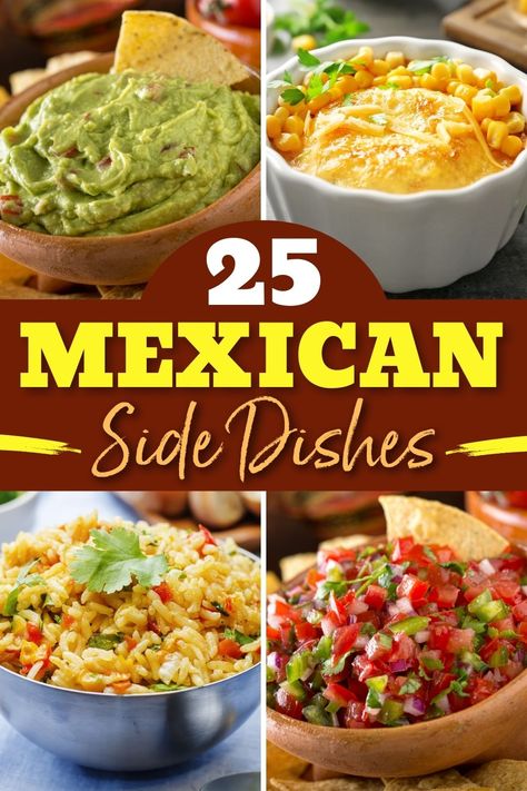 Looking for the perfect Mexican side dish? From Spanish rice to Mexican corn cakes, here are 25 of our favorite Mexican sides. Mexican Beans Side Dish, Mexican Night Side Dishes, Mexican Food Recipes Sides, Easy Mexican Potluck Dishes, Mexican Themed Potluck Ideas, Mexican Sides Recipes, Mexican Food Sides Dishes, Tex Mex Sides, Mexican Theme Food Ideas