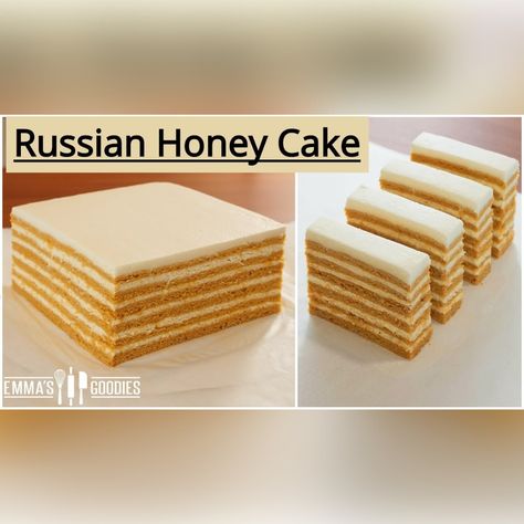 Russian Honey Cake Recipe, Medovik Recipe, Emma's Goodies, Booze Cake, Most Delicious Cake, Russian Honey Cake, Honey Cake Recipe, Russian Cakes, Cake Filling Recipes