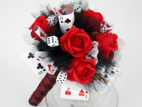 Las Vegas Bet on Love Bridal Bouquet and by GardenSideStudio, $105.00 Vegas Wedding Bouquet, Casino Themed Centerpieces, Vegas Themed Wedding, Vegas Theme Party, Casino Wedding, Themed Wedding Decorations, Rockabilly Wedding, Vegas Theme, Vegas Party