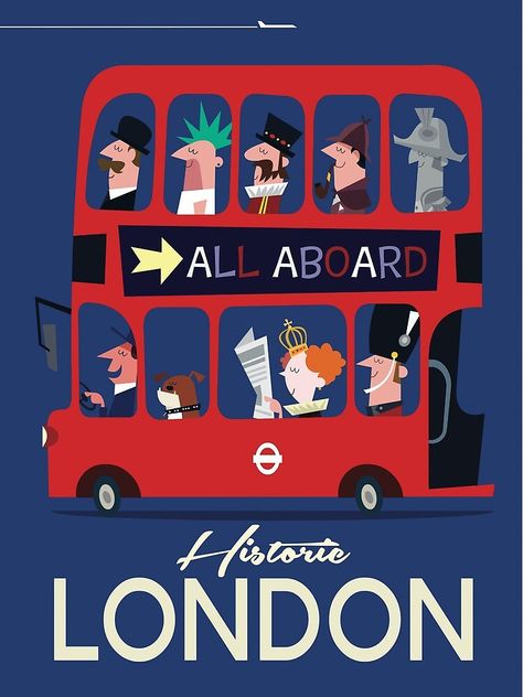 British Illustration, England Illustration, Retro Bus, London Illustration, Mid Century Illustration, London Poster, Vintage Airlines, Cartoon Posters, London Bus