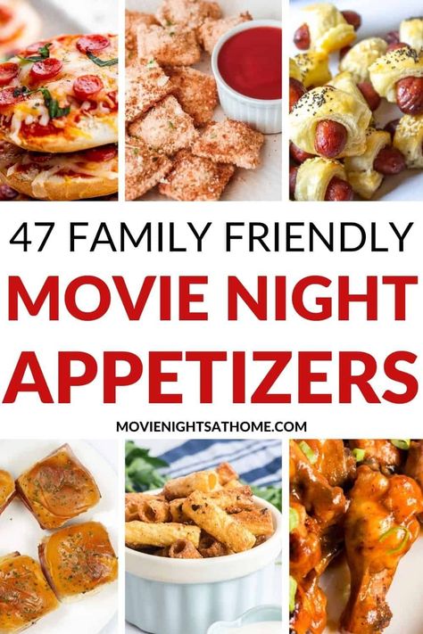 We've found the best movie night appetizers and delicious snacks for your next family movie night! These simple recipes and finger foods are a fun way to take a night at home to a whole new level! Appetizer Movie Night, Finger Foods For Dinner Families, Simple Movie Night Snacks, Savory Movie Night Snacks, Family Night Food, Appetizers For Movie Night, Sleepover Appetizers, Easy Movie Night Dinner, Snack Night Dinner