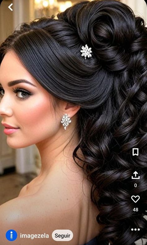 Cute Hairstyles For Long Hair For A Wedding, Quince Long Hairstyles, Dramatic Wedding Hair, Bridal Hair Dark Hair, Hair For Off The Shoulder Dress, Hair Do For Wedding, Hair Styles For Formal, Up Hairdos For Long Hair, Off Shoulder Hairstyles