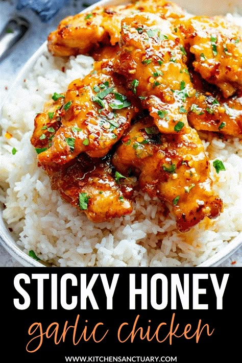 Honey Stung Chicken, Boneless Chicken Chunks Recipes, Sticky Honey Lemon Chicken, Quick Chicken Thigh Dinner, Sticky Garlic Chicken, Chicken Thigh Chinese Recipes, Chicken Ideas For Dinner Easy, Simple Dinner Recipes Chicken, Chicken Thigh Healthy Recipes