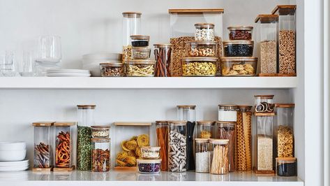 Storage Ideas for Every Type of Kitchen Large Glass Canisters, Acrylic Containers, Glass Storage Containers, Dark Wood Stain, Round Storage, Galley Kitchen, Glass Canisters, Kitchen Canisters, Glass Storage