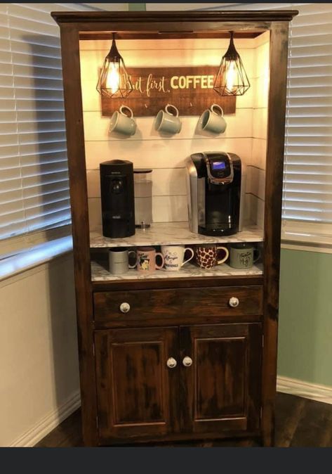 Armoir Coffee Station, Coffee Hutch, Old Door Projects, Corner Tv Cabinets, Coffee/wine Bar, Chalk Paint Furniture Diy, Coin Café, Coffee Bar Station, Coffee Stations