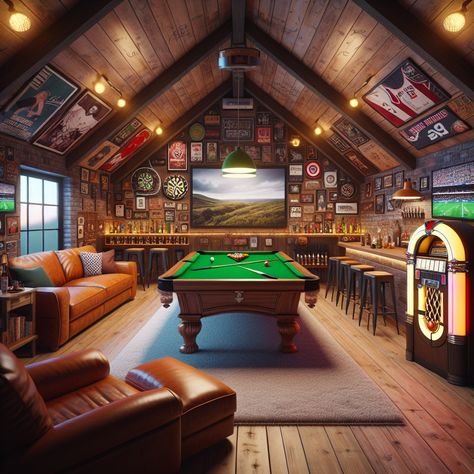 Experience the ultimate man cave, a spacious attic with a vintage vibe. Enjoy games on a pristine pool table, cheer sports on a huge flat-screen TV, or relax in plush leather seating. Add a fully stocked mini bar & snacks aplenty, this cave is a man's paradise. #ManCave #SportsRoom #GameRoom #HomeBar #EntertainmentSpace #RoomDesign Mancave Shed Ideas Interior, Game Room Attic, Ultimate Game Room, Man Cave Attic, Garage Pool Table Room, Pool Room Ideas Man Cave, Attic Game Room, Attic Man Cave, Best Man Caves