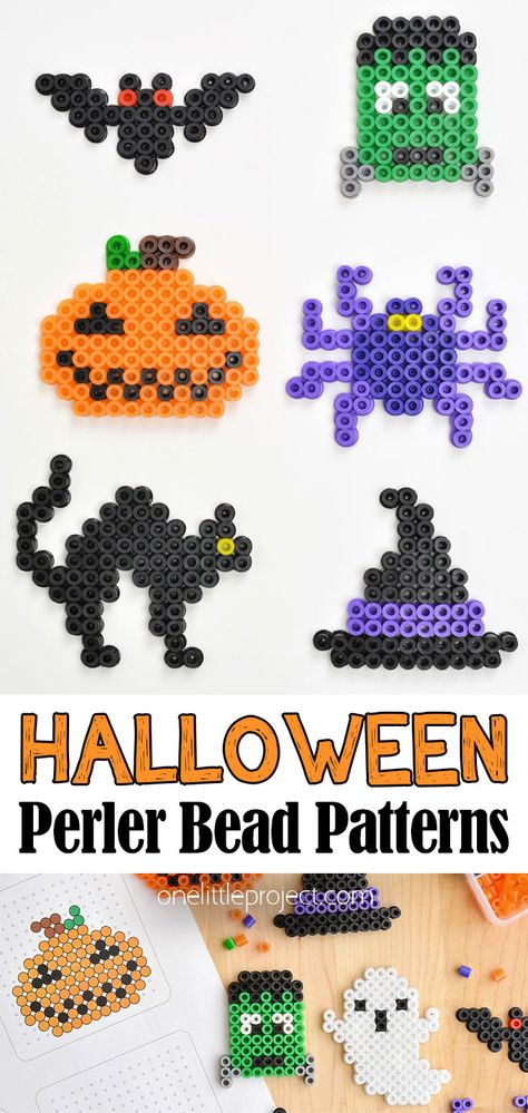 Halloween Perler Beads | FREE Halloween Perler Bead Patterns Easy Halloween Perler Bead Patterns, Free Fuse Bead Patterns, Printable Fuse Bead Patterns, Perla Bead Idea, Perler Beads Fall Patterns, Peeler Beads Patterns Halloween, Fall Pearler Beads Ideas, Perler Bead Patterns 15x15, Spider Perler Bead Patterns