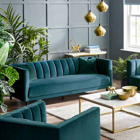 Teal Sofa Living Room, Green Sofa Living Room, Teal Living Rooms, Teal Sofa, Compact Sofas, Living Room Sofa Design, Sofa Set Designs, Green Sofa, Beautiful Sofas