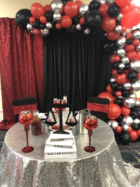 Red black and silver UGA grad party Red Black And Silver Quinceanera, Red Black Birthday Party Decoration, Red Black And Silver Party Decoration, Black And Red Graduation Party Ideas, Red And Black Graduation Party Ideas, Red And Black Party Decorations, Black Quinceanera Theme, Uga Graduation, Burlesque Theme