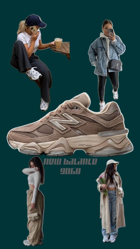 4 women one in each corner of the screen wearing casual outfits all spring the New balance 9060 sneaker with the shoe at large in the middle and the words New Balance 9060 the background is a dark green and the letters are gray New Balance 9060 Women, 9060 Outfit, New Balance 9060 Outfit, New Balance Outfit, New Balance 9060, Trendy Shoes Sneakers, Fall Fits, Cute Everyday Outfits, New Balance Shoes