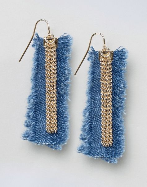 ASOS Limited Edition Denim Frayed Earrings Denim Earrings Diy, Textile Jewelry Diy, Fabric Jewelry Earrings, Jeans Earrings, Denim Earrings, Denim Crafts Diy, Diy Leather Earrings, Jewelry Hippie, Blue Jeans Crafts