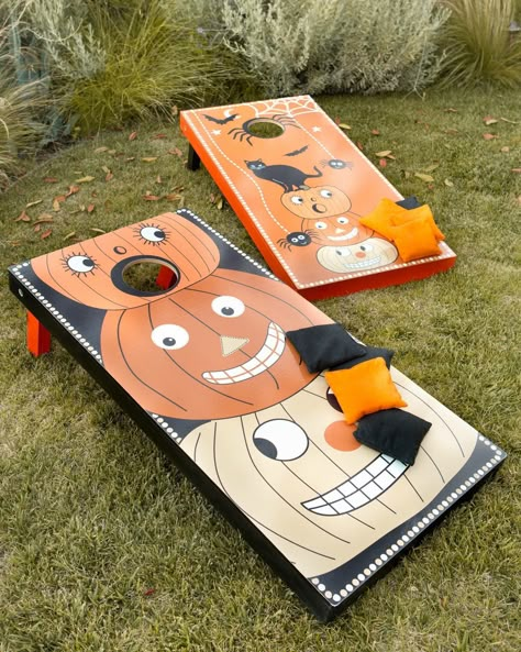 Fall Cornhole Boards, Corn Hole Halloween Game, Halloween Corn Hole, Halloween Festival Games, Fall Fest Activities, Fall Festival Games For Church, Halloween Cornhole, Pumpkin Graveyard, Harvest Festival Games