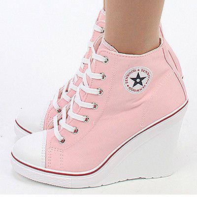 Wedges Trainers Heels Sneakers Platform High Top Ankles Lace up Zip Boots Canvas Wedge Trainers, Wedge Heel Sneakers, Sneakers Platform, Quinceanera Ideas, Shoe Ideas, Heels Sneakers, Kawaii Shoes, Trainer Heels, Wedge Ankle Boots