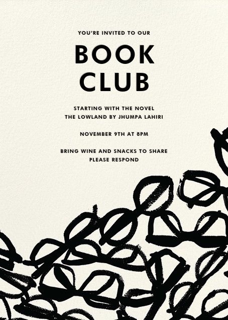 Literary Glasses - online at Paperless Post Club Invitation, Cookbook Design, Online Card, Ticket Design, Club Poster, Creative Invitations, Paperless Post, Graphic Quotes, Book Signing