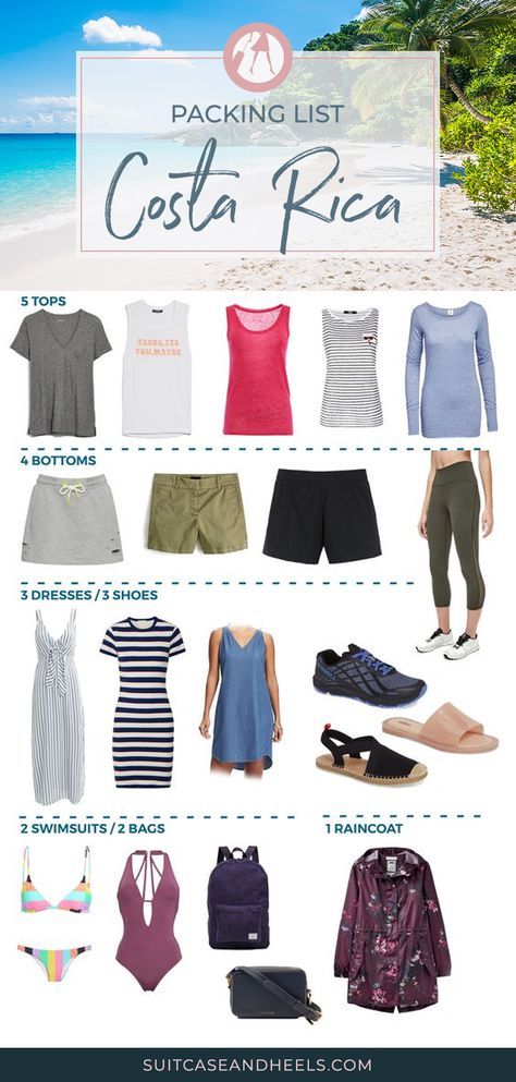 Everything you'll need to put together outfits for one to two weeks in Costa Rica. Outfits For Costa Rica, Outfits To Wear On Vacation, Costa Rica Travel Packing, Costa Rica Clothes, Costa Rica Hiking, Costa Rica Packing List, Costa Rica Backpacking, Costa Rica Outfits, Costa Rica Packing