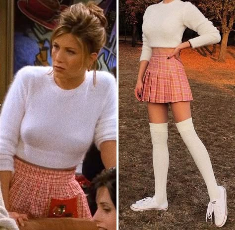 Rachel Green From Friends 90s Fashion Outfits Friends, Friends Tv Show Outfits Rachel Green, Friends 80s Outfits, Iconic Pop Culture Outfits, What To Wear To The Movies With Friends Outfit, Rachel Friends Costume, Rachel From Friends Costume, 90s Fashion Summer 1990s, Iconic 2000s Movie Characters