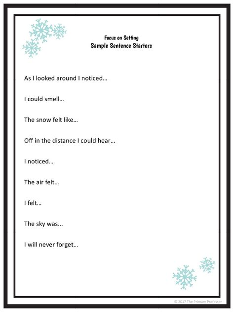 Descriptive Writing Lesson - A Winter Setting — TeachWriting.org Descriptive Writing Prompts, Writing Images, Writing Prompts For Kids, Picture Writing Prompts, Sentence Starters, Preschool Lesson Plans, Grade 7, Descriptive Writing, Narrative Writing