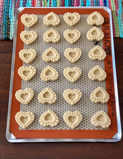 Ina Garden Short Bread Cookies, Heart Shaped Shortbread Cookies, Stamped Cookie Dough Recipe, Valentine Shortbread Cookies, Stamped Cookies Recipe Holidays, Shortbread Heart Cookies, Heart Thumbprint Cookies, Stamp Cookies Recipe, Stamped Cookies