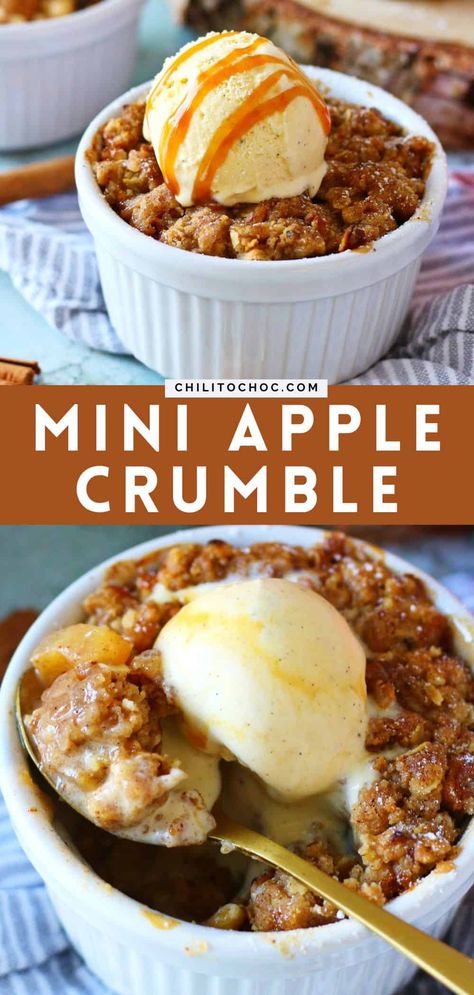 This easy, homemade Mini Apple Crumble features baked cinnamon-spiced apples with a buttery, oat-and-walnut crumble topping. It's the best fall dessert! Crumble Recipe Easy, Mini Apple Crumble, Apple Crumble Recipe Easy, Apple Crumble Topping, Small Recipes, Healing Meals, Easy Apple Crumble, Thanksgiving Dessert Ideas, Baked Apple Dessert